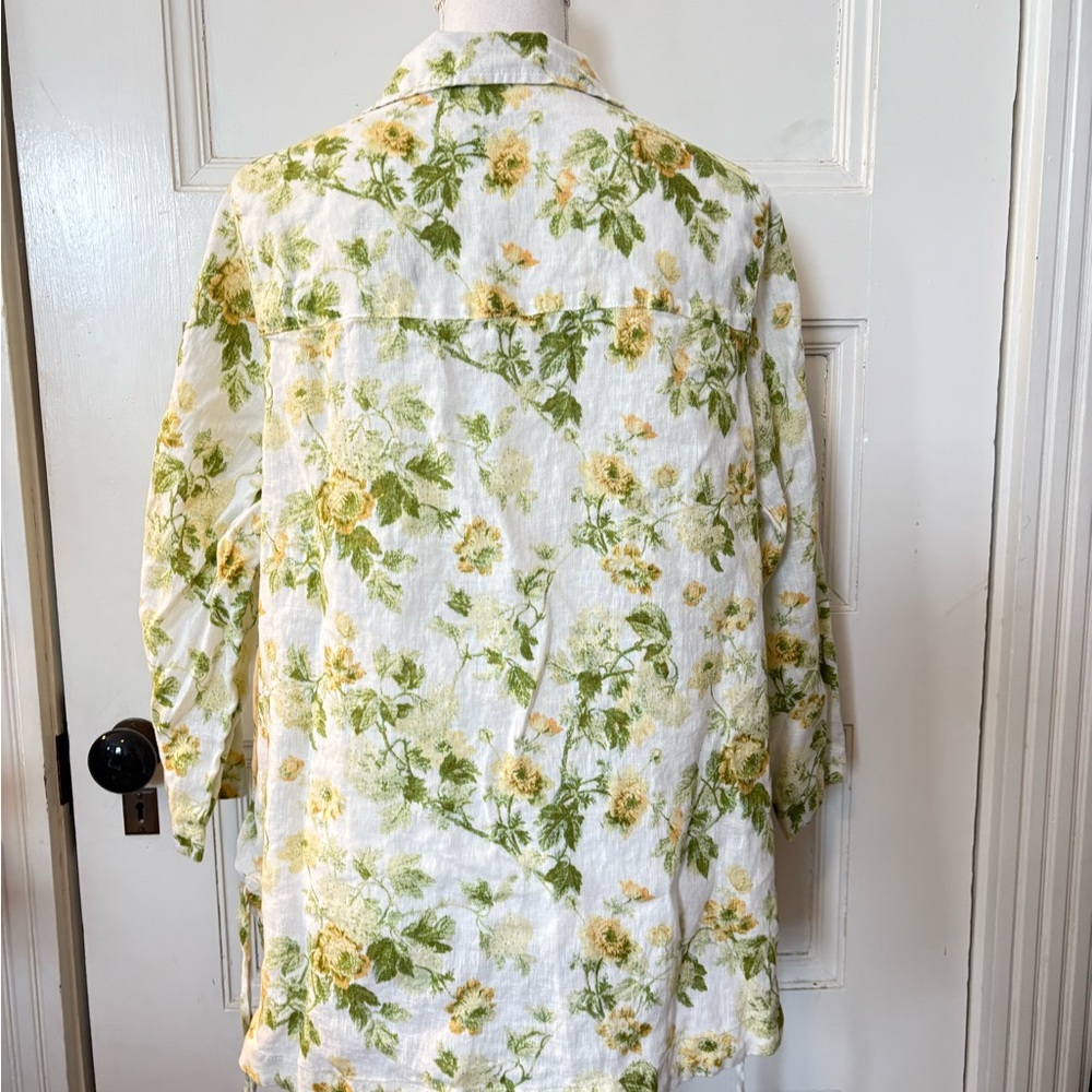 Laura Ashley White Linen Top with Green and Yellow Floral Print - Picture 2 of 5